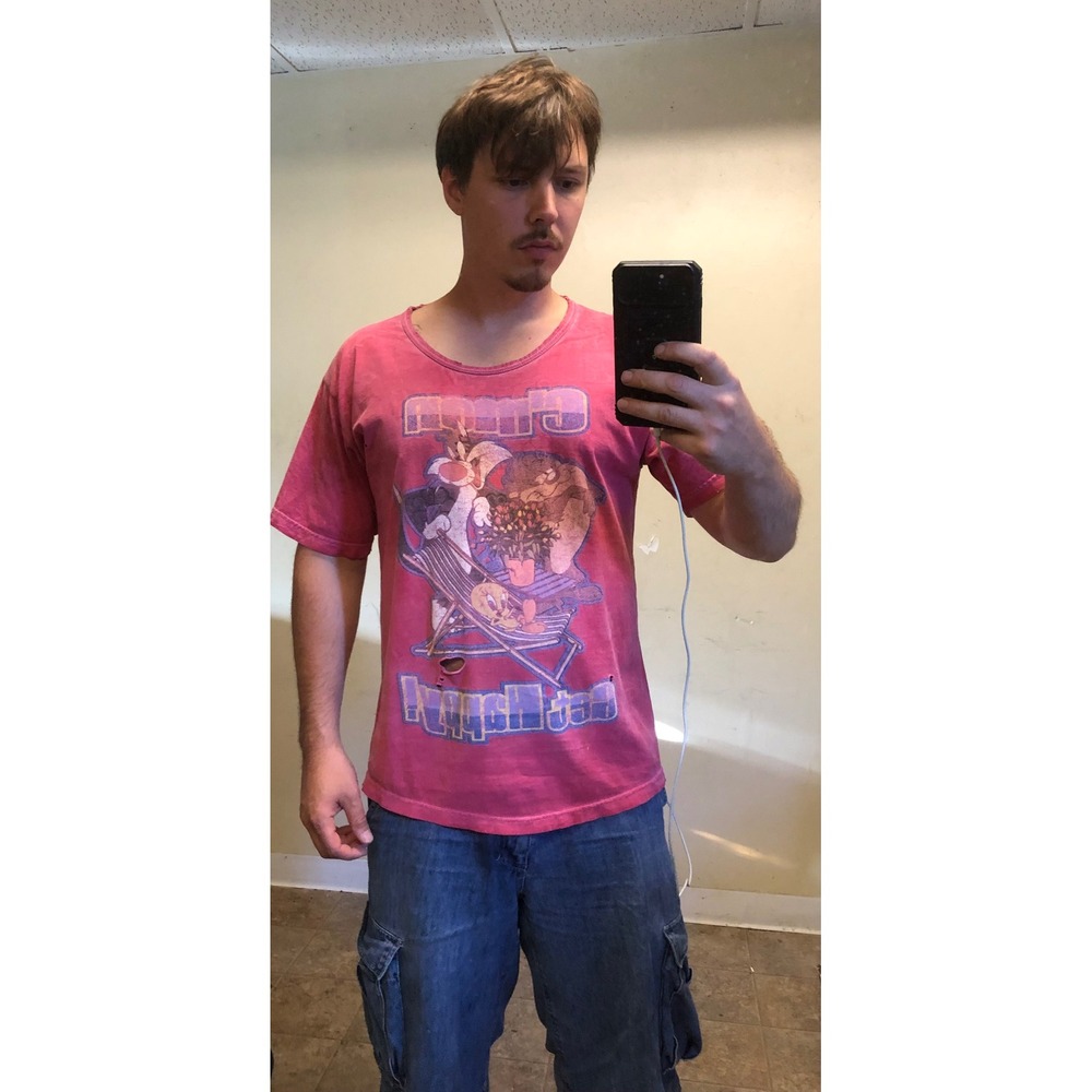 Vtg 90s Looney Tunes Get Happy T-Shirt Pink Sylvester Tweety‎ Taz Distressed L